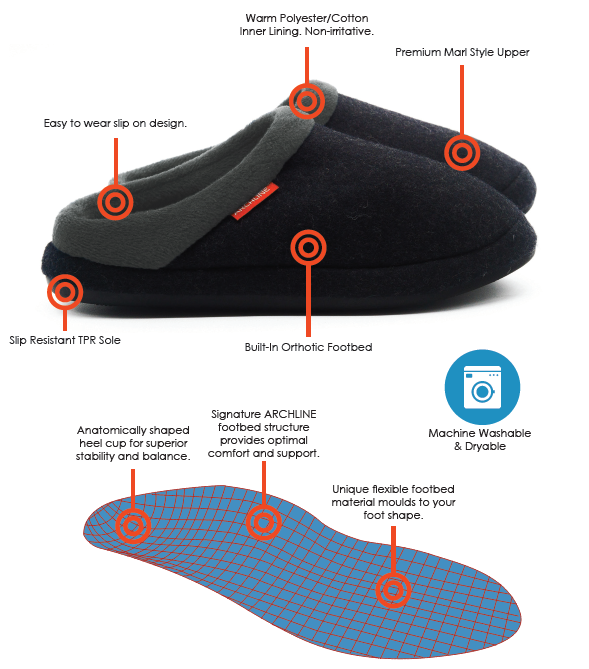 Archline Orthotic Slippers Slip On Charcoal Marl Archline Footcare